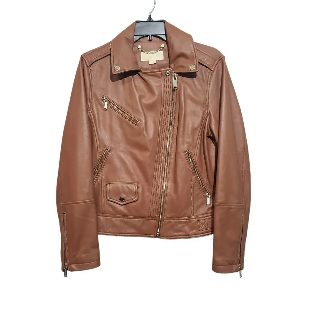 MICHAEL Michael Kors Cognac Leather Moto Jacket Asymmetric Zip Biker Coat L XL